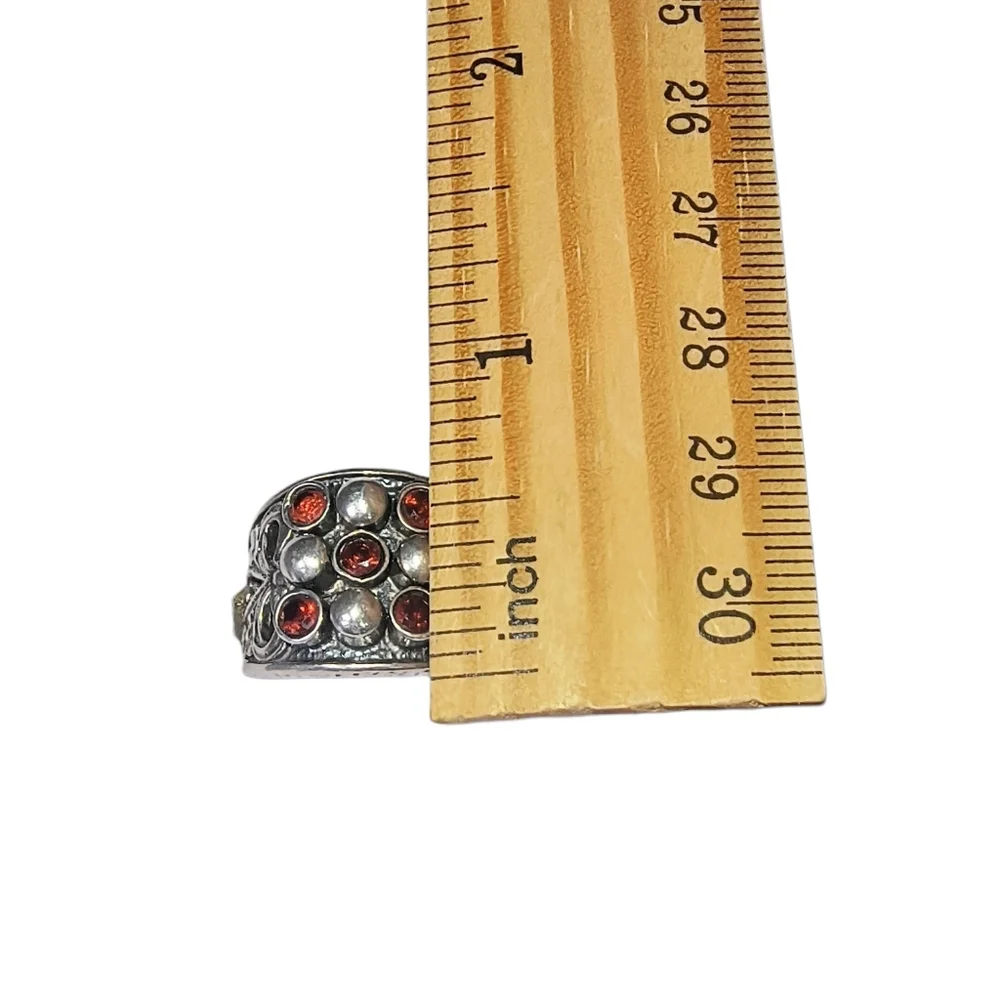 Vintage Garnet And Sterling Silver Wide Band Artisan Ring